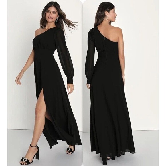 TUCKER Graceful Elegance Black One-Shoulder Long Sleeve Maxi Dress SIZE SMALL - Picture 1 of 14